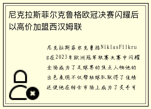 尼克拉斯菲尔克鲁格欧冠决赛闪耀后以高价加盟西汉姆联